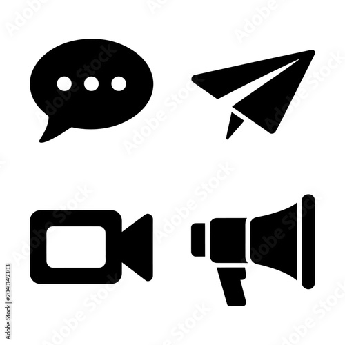 Communication and media icons set, including speech bubble, paper airplane, video camera, and megaphone on white background