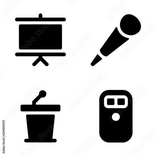 Presentation and public speaking icons including microphone, screen, podium, and clicker
