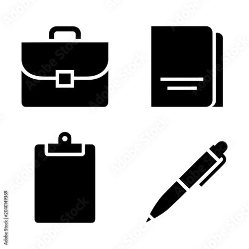 Business icons including briefcase, notebook, clipboard, and pen on white background
