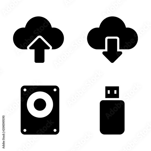 Cloud storage and data transfer icons, including upload, download, hard drive, and USB symbols for technology and computing concepts.
