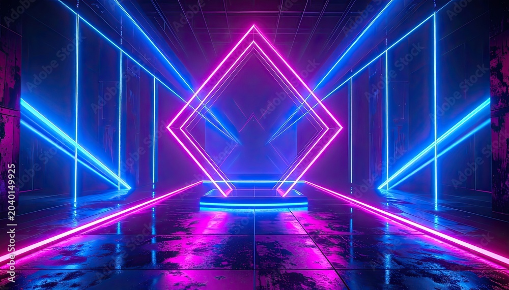 Fototapeta premium A futuristic neon-lit corridor with diamond-shaped frames and a reflective floor.
