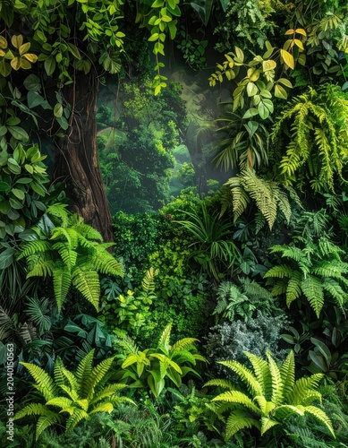 A lush and dense jungle scene filled with vibrant green foliage and ferns.