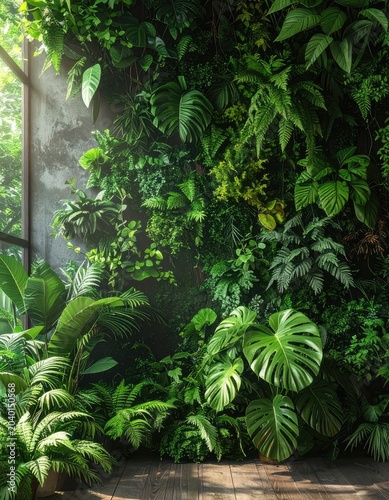 Lush vertical garden with diverse green foliage in a sunlit indoor space.