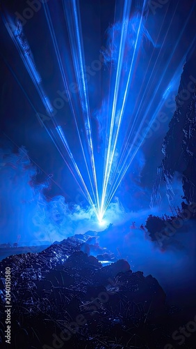 A dramatic scene unfolds with bright blue laser beams piercing through dark, smoky skies over a rocky, moonlit landscape.