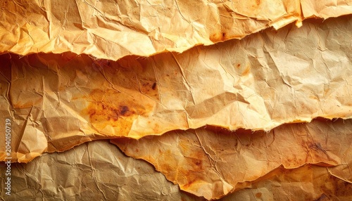 Close-up textured background of torn and crumpled brown paper with sepia tones.