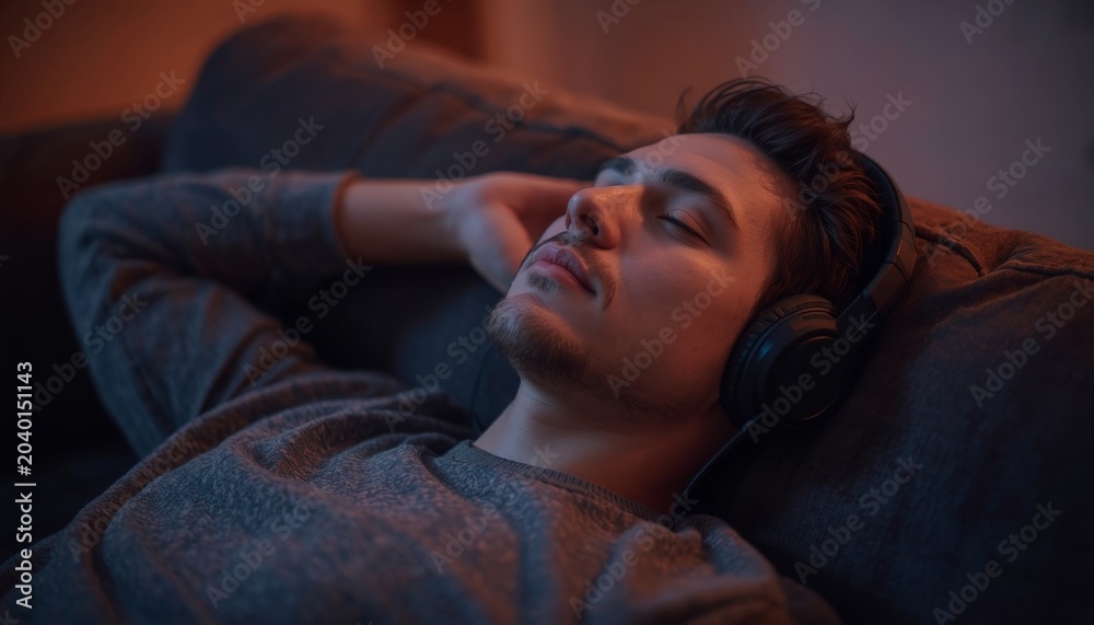 Obraz premium There is a man laying on a couch with headphones on