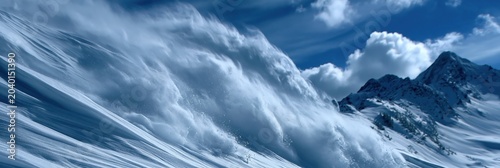 Snow Swirls and Falls Over Mountains on a Bright Day With Clouds in the Sky