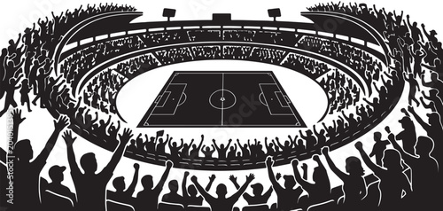 Black and white silhouette illustration of a large stadium filled with cheering fans watching a soccer game match on the field
