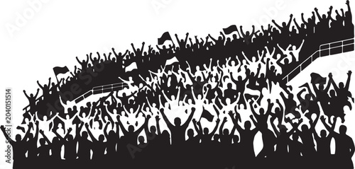 Large crowd of happy people cheering and celebrating with hands raised in a stadium at a sports event or concert