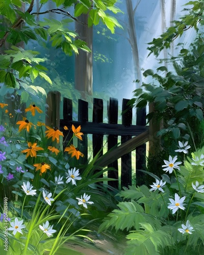 Whimsy Outdoors With a Wooden Gate Surrounded by Flowers in a Forest
