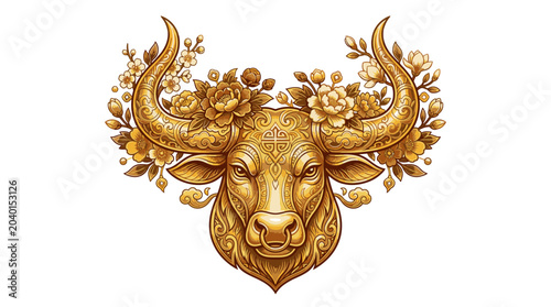 Golden Bull Head with Floral Horns.
