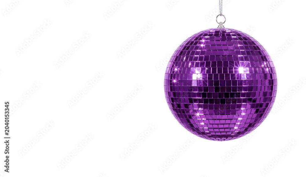Fototapeta premium Sparkling purple disco ball isolated on white background, shiny violet mirror ball for party, night club dance floor, retro 70s disco theme and celebration decor.