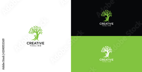 An abstract logo depicting a vibrant tree with a subtle human form, symbolizing growth, life, nature's connection, and environmental harmony for sustainable well-being