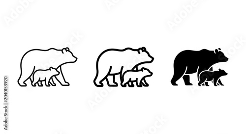Bear Family Icons, Mother and Cub Vector Graphics, Wildlife Animal Silhouettes, Nature Mammal Line Art, Simple Outline Set