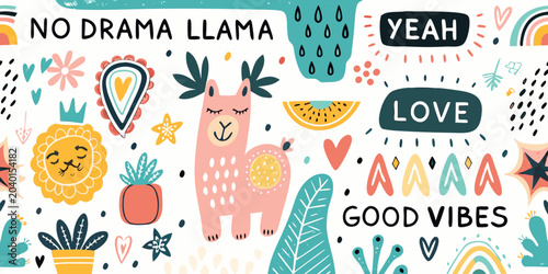 Fotografie Floral Ornament And Animal Doodle Pattern With Handwritten Text Elements