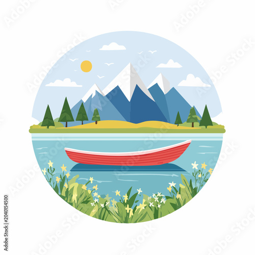 Serene Mountain Lake Landscape with Red Canoe and Wildflowers