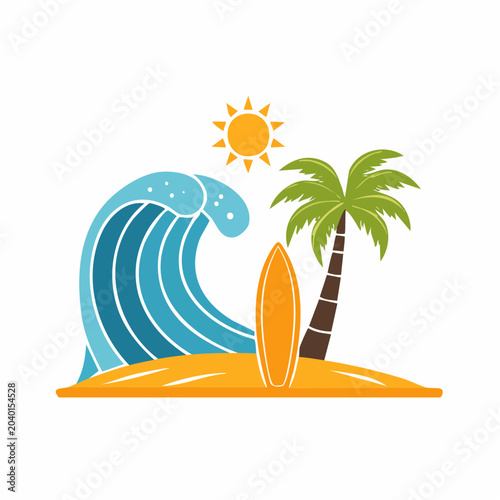 Tropical Beach Scene with Surfing Elements