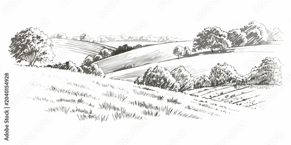 Obraz premium Rolling hills landscape detailed pen and ink sketch style illustration