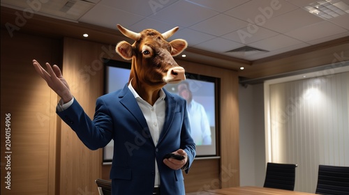Cow in a business suit giving a corporate presentation in a meeting room with humorous professional atmosphere and realistic detail.