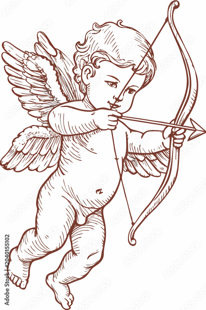 Naklejka premium Cupid Illustration In Vintage Engraving Style With Winged Figure