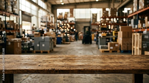 wood table floor warehouse inventory defocus blur background  
