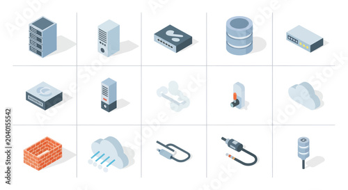 Collection of isometric technology icons for digital data storage and networking.