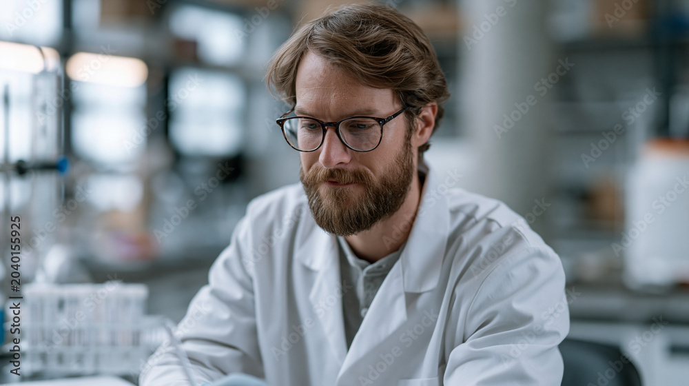 Obraz premium Biochemical engineer at a lab bench isolating a newly directed-evolved cellulase enzyme using affinity chromatography columns, fraction collection tubes labeled on a rack, enzyme activity assay resu