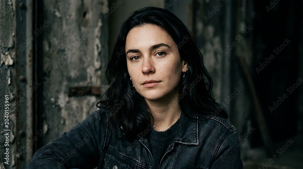 Fototapeta premium A woman with a dramatic dark grunge industrial background 