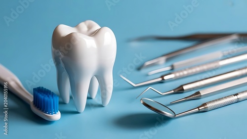 A white dental model tooth stands next to a blue toothbrush and assorted dental instruments on a blue background