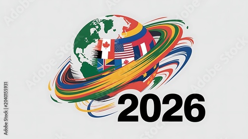Global event concept with world flags and year 2026 text illustration