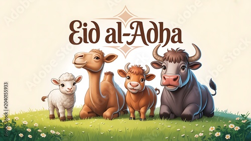 Charming cartoon illustration of diverse animals celebrating Eid alAdha on a grassy meadow with flowers