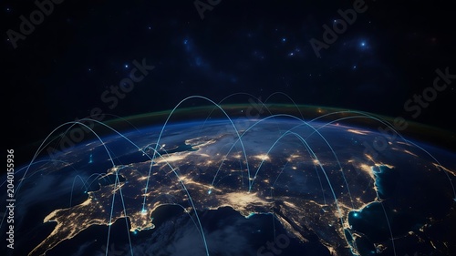 Global digital connections illuminate planet Earth with intricate light trails across continents