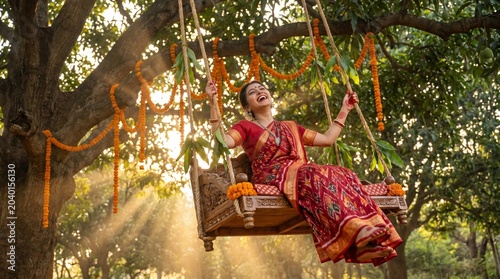 A joyful young Odia woman in a traditional red Sambalpuri saree swinging on a decorated wooden swing during Pahili Raja festival in Odisha, commercial stock photo