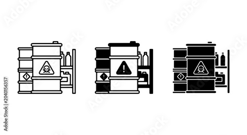 Hazardous Chemical Storage Icons, Industrial Barrels with Warning Signs, Vector Set