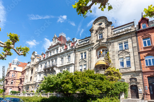 Elegant historic facades of luxury residential buildings on Seestrasse street at Lake Constance (Bodensee) against a blue sky
