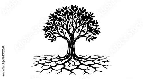 Black and white tree with roots.