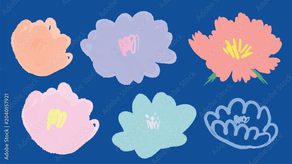 Obraz premium Colorful vector floral doodles with abstract blossoms on a blue background