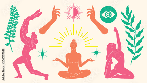Tableau sur toile Colorful vector of women yoga poses, meditation, and spiritual symbols