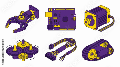 Set of isometric robotics components including a mechanical gripper, circuit board, stepper motor, gear system, electrical wiring harness, and tank tracks