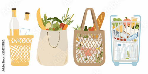 Foto Grocery Items And Shopping Baskets Flat Vector Illustration