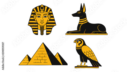 Photography Ancient Egyptian icons with pharaoh mask, pyramids, jackal and falcon