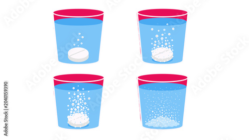 Tableau sur toile Effervescent tablet dissolving in water in four step vector set