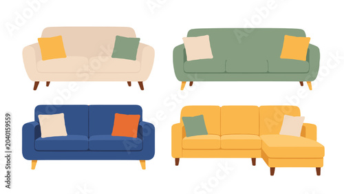 Foto Set of modern sofas and couch furniture in flat vector style