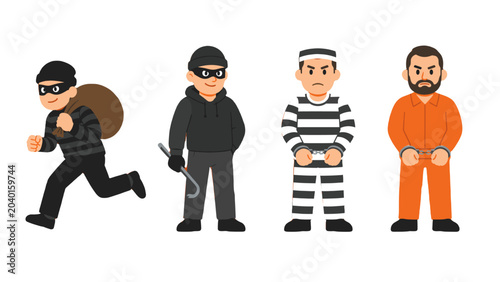 Tableau sur toile Cartoon criminal and prisoner characters set on white background