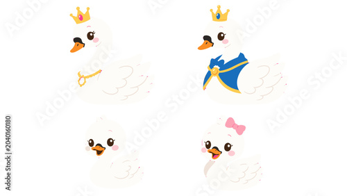 Quadro em tela Cute cartoon swan family characters with crowns and accessories