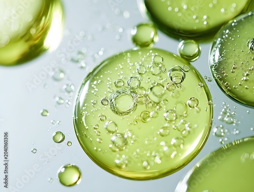Macro of lime green oil droplets with oxygen bubbles. Symbolizing cellular regeneration, bio-active skincare, molecular science, and sustainable laboratory research.