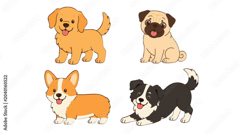 Fototapeta premium Cute hand drawn cartoon dogs in different playful poses