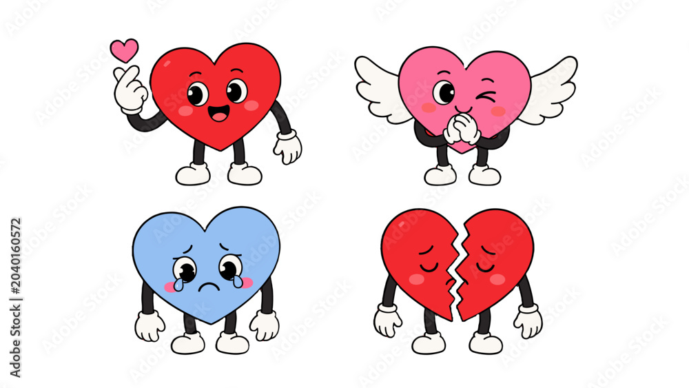 Obraz premium Cute cartoon heart characters set with happy, winged, sad and broken hearts