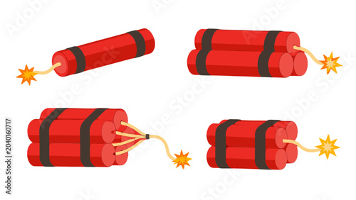 Photography Red dynamite sticks with burning fuses isolated on white