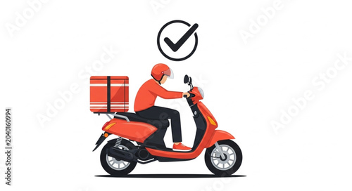 Foto Delivery person on scooter with food box and check mark.